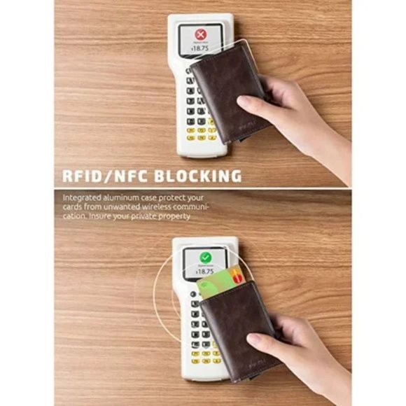 New Card Holder Pop Up Slim Wallet Leather RFID Blocking Card, Espresso - Picture 5 of 7